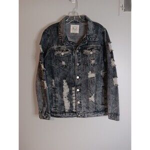 Fantastic Fawn Distressed Denim Jacket Charcoal Wash Sz Medium